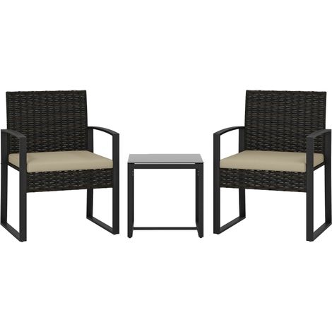 Salon de jardin extérieur en résine tressée pour 2 personnes avec table et chaises en verre trempé marron (1/5)