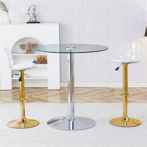 Set de bar modulable : table ronde en verre transparent 89 cm + 2 tabourets rotatifs dorés, hauteur ajustable, pieds métalliques. Gagnez de l'espace et créez une ambiance spacieuse.