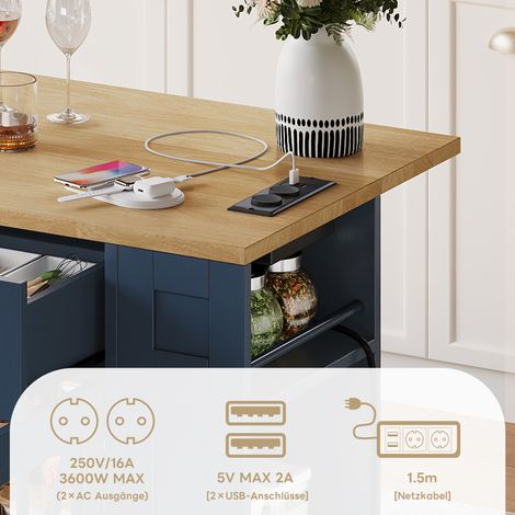 Îlot de cuisine portable 120cm, table pliante, rangement ouvert, prise secteur, port USB, porte vitrée, revêtement stratifié réglable, roulettes à freins, cuisine, salle à manger, salon (1/5)