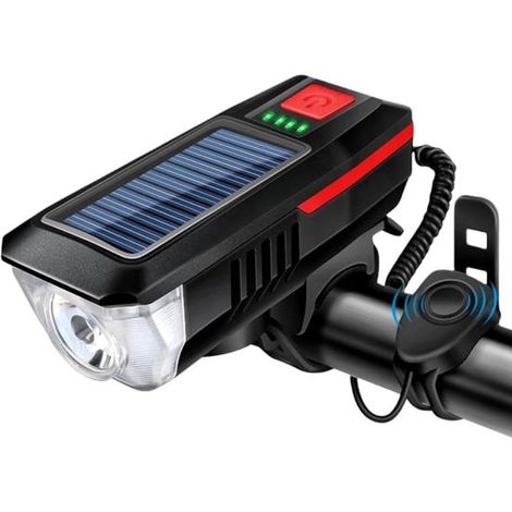 Bocina de 120 dB – Faro delantero multifuncional para bicicleta – Carga solar y USB – Alto brillo – Luz para bicicleta – Faro delantero para bicicleta – Luz para bicicleta – Rojo (1/5)