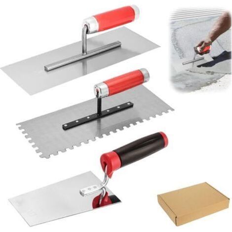 FENOPLASTICATruelle de maçon en acier inoxydable - Lot de 3 truelles de lissage en acier inoxydable avec truelle de nettoyage - Spatule à stuccater avec poignée en caoutchouc - Outil de stuc pour mass (1/5)