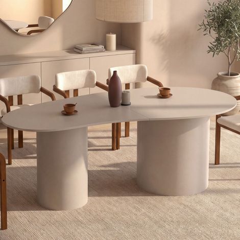 Mesa de comedor ovalada de líneas orgánicas ORPHEA para 8 personas, con 2 patas cilíndricas de color beige, 200 cm (1/5)