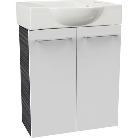 Fackelmann B. PERFEKT SBC Gäste-WC Set 2 Teile – Waschtischunterschrank in Weiß mit Holz Anthrazit mit Waschbecken aus Keramik – Waschbeckenunterschrank – 2 Türen – Hahnloch rechts – 55 cm breit"-"901 (1/3)