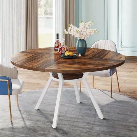 Table de salle à manger ronde 120 cm – Style industriel en bois brun et métal noir – Pour 4 à 6 personnes – Montage facile