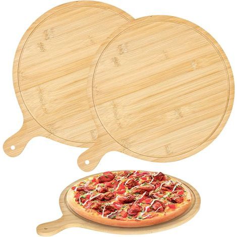 Set di 2 piatti rotondi in legno per pizza - 30 cm - Con manico - Per pizza, formaggio, snack, accessori da cucina (1/5)