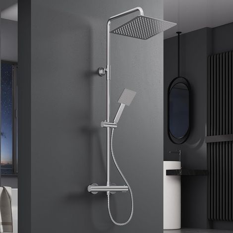 Colonne de Douche avec Mitigeur Thermostatique, Kit Douche Pluie Acier Inoxydable 304, Ciel 30x30 cm, Barre Réglable 88-125 cm, Adaptable aux Perçages, Douchette avec Flexible Anti-fuite, Chromé (1/5)