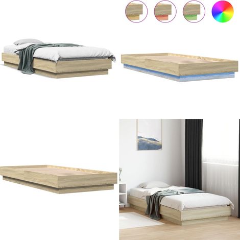 Bettgestell mit LED Sonoma-Eiche 90x200 cm - Holzbettfundament - Bettrahmen - Lattenrost - Sonnenholzoberflächen - Schlafzimmermöbel - Home & Living (1/5)