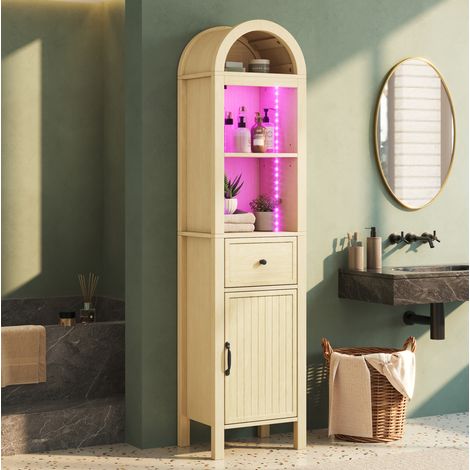 Armario de baño alto 163 cm con LED RGB, puerta reversible y cajón, madera natural OKMYHOME (1/5)