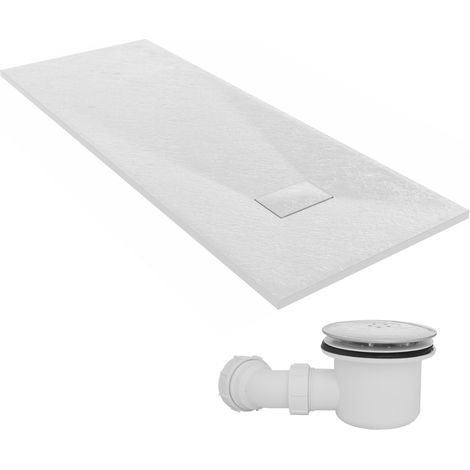 NRG 1800 x 700mm SMC White Rectangle Slate Effect Bathroom Shower Tray & Fluidmaster Fast Flow Waste Trap