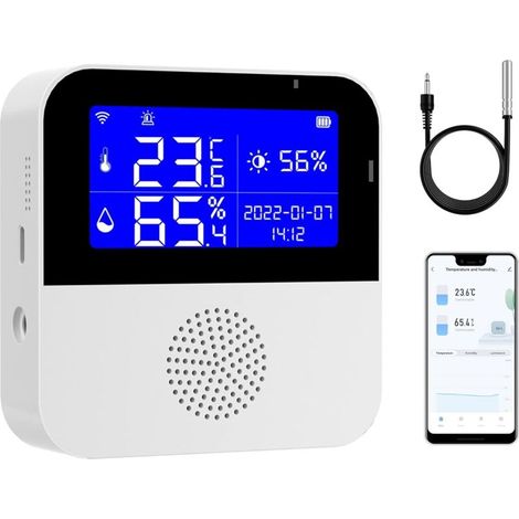 WLAN-Thermometer-Hygrometer mit wasserdichter Sonde: Intelligenter Temperatur- und Feuchtigkeitssensor mit beleuchtetem LCD-Display, Kalibrierungsfunktion, App- und akustischem Alarm, Temperaturüberwa (1/5)