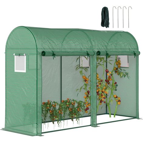 Outsunny Gewächshaus mit Fernster, Tür, Foliengewächshaus aus Stahl, Treibhaus mit PE-Gitterfolie für Balkon, Garten, Tomatenhaus 300x100x200cm, Tomatengewächshaus für Gemüse, Blumen, Pflanzen, Grün
