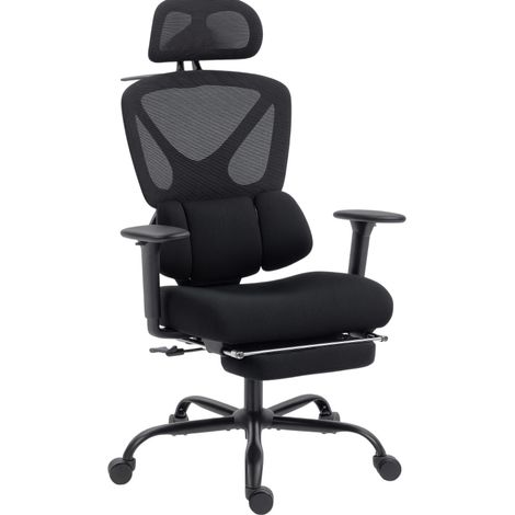 Silla de oficina ergonómica negra con malla, soporte lumbar, reposacabezas y ruedas (1/4)