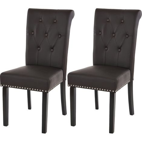 Juego de 2 silla de comedor Chesterfield II, silla silla de cocina, remaches, imitación de cuero, café, patas oscuras