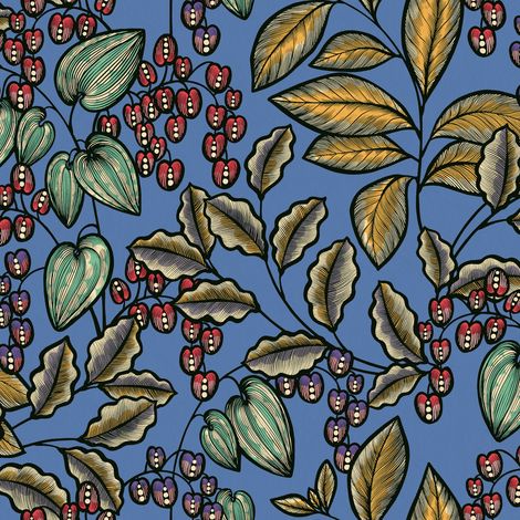 Papier peint rétro bleu pour cuisine Tapisserie fleurie avec feuille pour salon Papier peint intissé multicolore fleuri pour chambre (1/4)