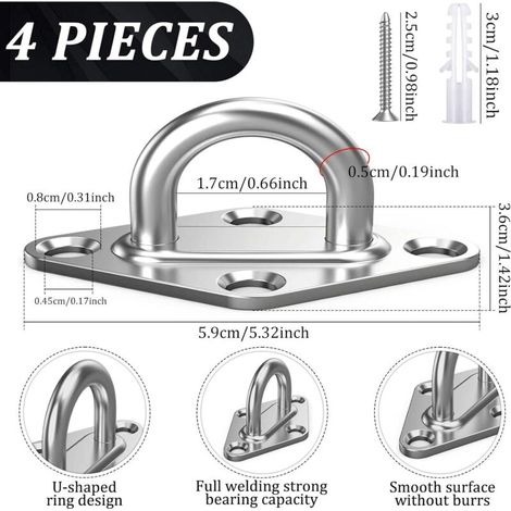 Piastra ad occhiello in acciaio inox M5, kit di 4 ganci romboidali per soffitto resistenti, ganci di ancoraggio marini con viti, gancio di sospensione a soffitto, staffa ad anello per montaggio a pare (1/4)