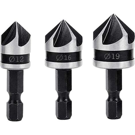 3PCS Fraises à Chanfreiner 90 Degrés 5 Flûte Fraise Conique à Noyer 12mm/16mm/19mm Fraise Bois 1/4" Hex Foret Fraisage Bois en Acier au Carbone Coupe de Chanfreinage de Bois