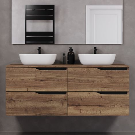 Meuble de salle de bain 140cm avec plateau et deux vasques à poser zeus - 4 tiroirs - sans miroir - tabaco (chêne foncé) - LUNA (1/5)