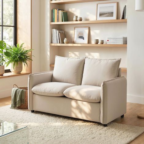 2-Sitzer-Sofa mit atmungsaktivem Bezug in Lederoptik, dicker Polsterung, 2 Kissen, Armlehnen, für das Wohnzimmer, Creme