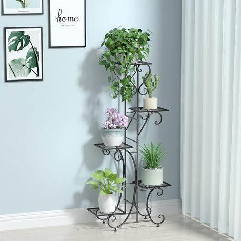Pflanzenständer aus Metall für drinnen und draußen: 4-stöckiger Blumentopfhalter aus modernem Schmiedeeisen, freistehend, für Zuhause, Balkon, Terrasse und Garten – max. Tragkraft 50 kg, 107,5 x 51 x (1/4)