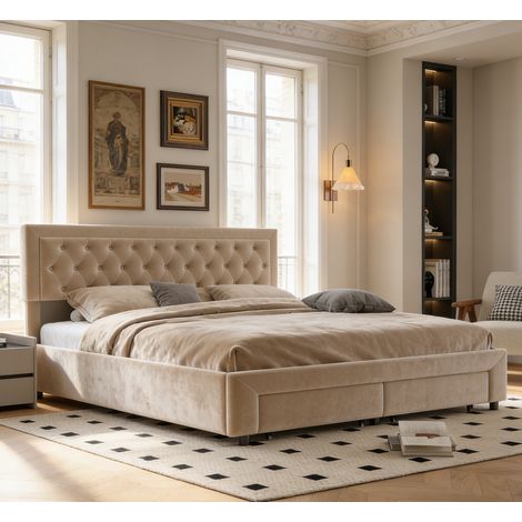 Lit coffre double adulte 180x200 cm avec tête de lit rivetée, tiroirs et rangement hydraulique, velours beige, design moderne (1/5)