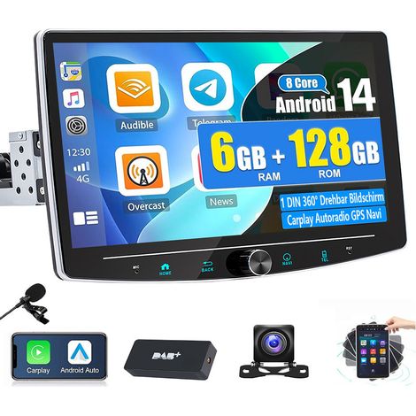 Autoradio Android 14 Carplay 8 cœurs 1 DIN 4G GPS Écran rotatif à 360° - 6+128G DAB+ CAM (1/5)
