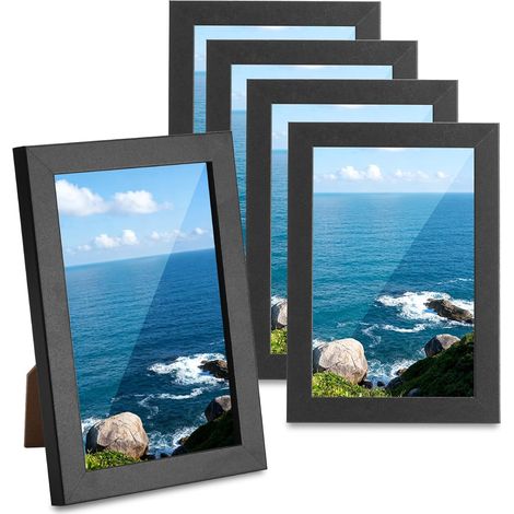 5 cadres photo noirs 10x15 cm en bois MDF, mur/posé sur table Face transparente anti‑poussière vertical/horizontal montage facile pour salon chambre bureau couloir (1/5)