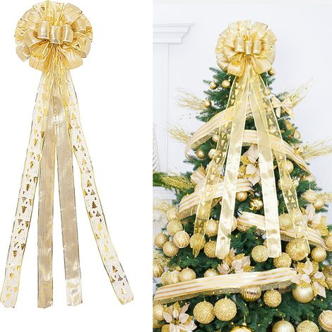 Weihnachtsbaum 10030cm mit Schleife, Stern an der Spitze, Bühnendekoration, bedrucktem Band, Kranzdekoration (gold) (1/3)