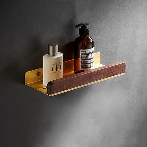 Étagère d'angle murale de salle de bain (40 cm) en bois de noyer brossé doré, avec barre de rangement et crochets. (1/5)