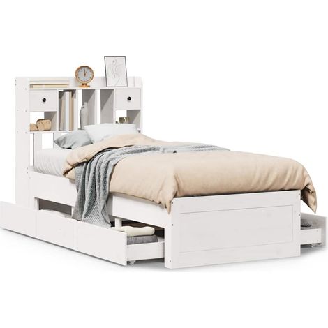 Lit simple  Lit adulte  Lit bibliothèque sans matelas blanc 90x200cm bois de pin massif
