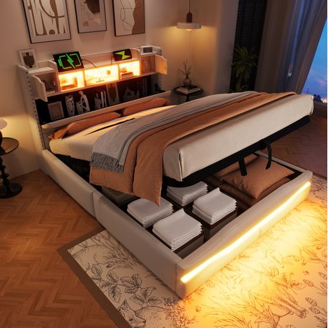 Lit coffre rembourré en lin beige 140x200 cm avec LED, ports USB/USB-C et rangement hydraulique (1/5)