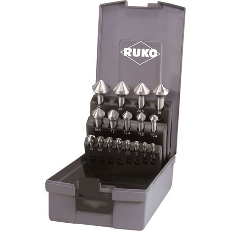 RUKO Jeu de fraises coniques et ébavureuses DIN 335 Forme C 90° HSS en cassette plastique - 17 pièces - 102155RO (1/2)