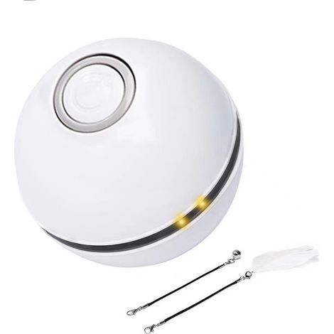 Pelota eléctrica para gatos, de plástico, recargable por USB, 6 x 6 cm, apta para gatos, con luz LED, incluye 2 accesorios (campana y pluma), silenciosa, blanca. (1/5)