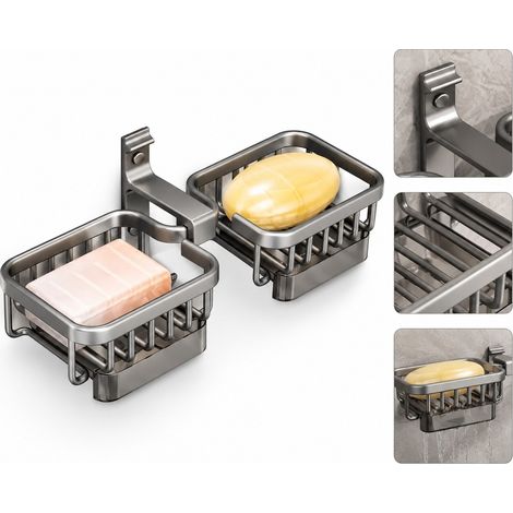 1 Piece Porte-Savon Mural Aluminium Double Niveau avec Bac Recuperateur, Format Compact, Fixation Sans Percage Salle de Bain et Douche (1/5)