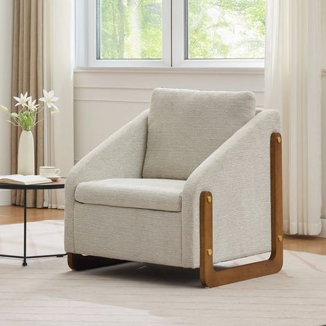 Fauteuil moderne pour salon, chaise de détente avec accoudoirs en bois, coussin de dossier, tissu chenille, 73.5x73.5x73.5 cm - Beige