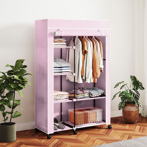 Armoire en tissu à roulettes, penderie portable avec 6 étagères et 1 tringle pour chambre, 103 x 43 x 162,5 cm, rose
