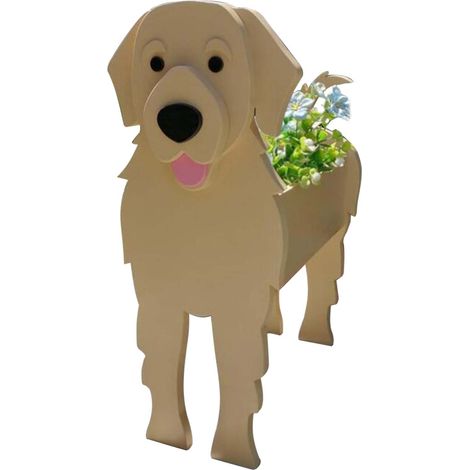 Pot de fleurs en bois en forme de chien mignon, avec un golden retriever, pour décorer votre jardin.