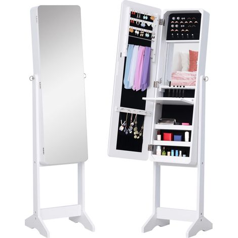 Meuble à bijoux sur pied avec miroir, rangement inclinable pour bagues, boucles d'oreilles et colliers, 30 x 36 x 146 cm, blanc
