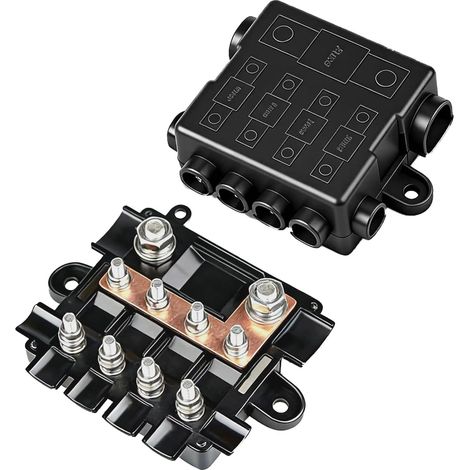 Porte fusibles 12 V pour 1 fusibles MEGA et 4 fusibles MIDI avec barre de bus, bloc de fusibles en polyamide avec couvercle pour voiture, bateau, camping car, camping car, solaire et hors réseau (1/5)