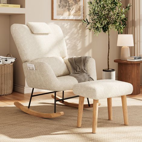 Fauteuil à Bascule - Rocking Chair Chaise à Bascule Allaitement avec Repose-Pieds, Coussin Lombaire, Appui-Tête et Poche Latérale pour Salon, Chambre à Coucher - Laine d'Agneau Bouclée - Beige (1/5)
