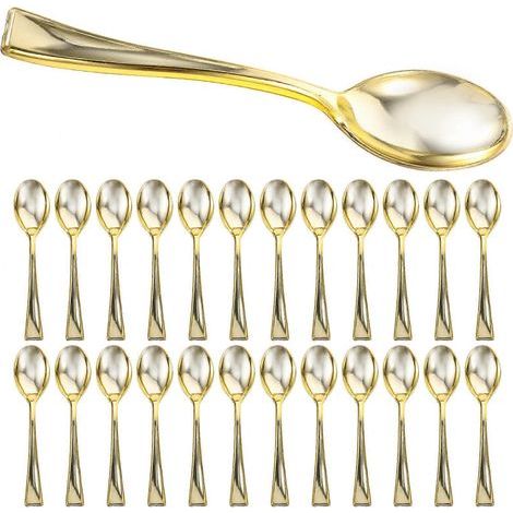 Set mit 24 Einweg-Minilöffeln aus Kunststoff für Kuchen, Desserts und Eiscreme, ideal für Zuhause, Gewerbe und Partys. – 9,80 x 2,00 x 0,30 cm – Gold (1/4)