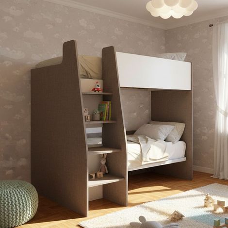Letto a castello salvaspazio con scaletta frontale - Montaggio facile - Fumo e bianco