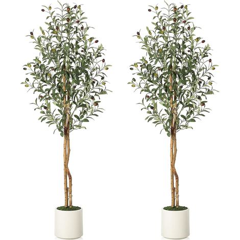 Lot de 2 oliviers artificiels - 150 cm - Avec pot blanc - Vert - Décoration pour la maison, la chambre à coucher, le bureau, le jardin, le salon (1/5)
