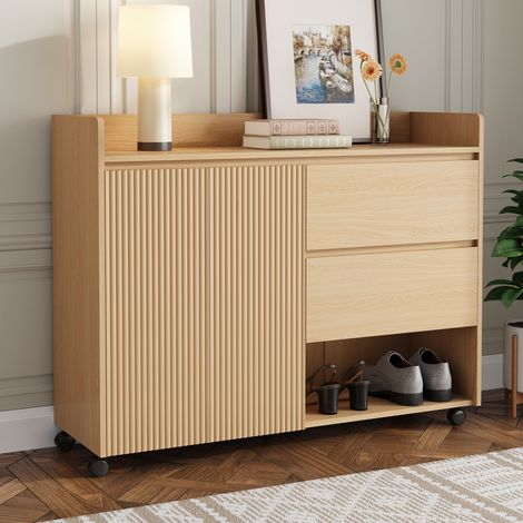 MEUBLIV Mobile portascape naturale 110x35x86 cm – ruote con freno e ripiani regolabili (1/5)