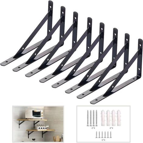 Pack de 8 supports d'étagère murale en métal noir – Équerres triangulaires 150 x 95 mm – Charge lourde pour garage, cuisine, chambre (1/5)