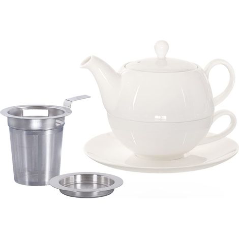 Théière pour One avec passoire 500 ml en porcelaine en blanc Théière + tasse à thé + soucoupe + passoire + bac d'égouttement (1/5)