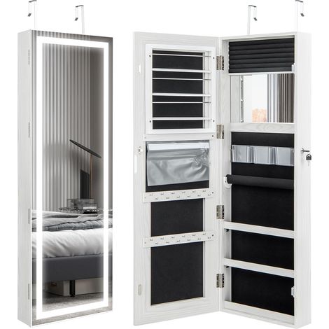 COSTWAY Armoire à Bijoux avec Bandeau Lumineux LED et Écran Tactile, Organisateur Verrouillable avec Miroirs Interne/Externe, pour Maquillage et Rangement, Suspendre à la Porte ou Fixer au Mur-Blanc (1/5)