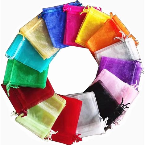 Sachets cadeaux en organza à mailles de couleur aléatoire (3,5 x 4,7 pouces), 100 pièces, avec cordon de serrage. Idéaux pour offrir des bijoux, des cadeaux de mariage, de Noël ou des bonbons. (1/5)