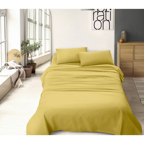 Completo letto misura alla francese a tinta unita prodotto italiano set lenzuola 100% cotone Giallo - Francese