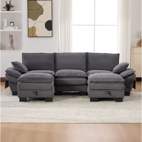 Sofá modular 260x132x84 cm gris oscuro en pana con 2 pufs, USB-C y bolsillos laterales (1/5)