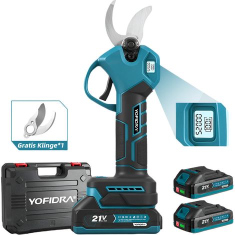 Elektrische Gartenscheren 30 mm mit LED-Anzeige, automatischer Zählung, 2 Geschwindigkeiten, mit zusätzlicher Klinge und 2x2000-mAh-Akkus für Garten, Äste